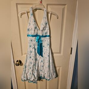 Elegant White and Teal Halter Dress